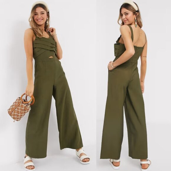 Moon River Olive Green Jumpsuit M Pleated Crisscross Cutout Wide Leg Pockets - Picture 2 of 16
